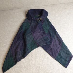 John Branigan Womens Sweater OS Blue Poncho Plaid Wool Cape Ireland